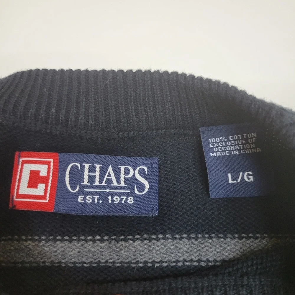 Chaps Mens Large Black Gray Striped Crewneck Sweater Cotton Pullover